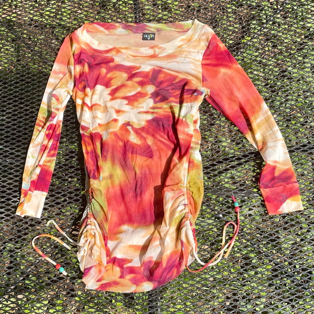 Y2k sheer top women’s size medium orange floral netted shirt 2000s 90s